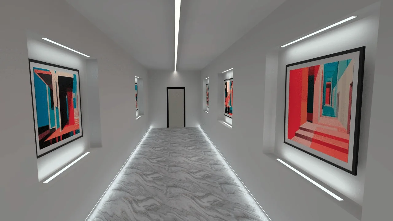 Lineares Licht im Flur einer Kunstgalerie